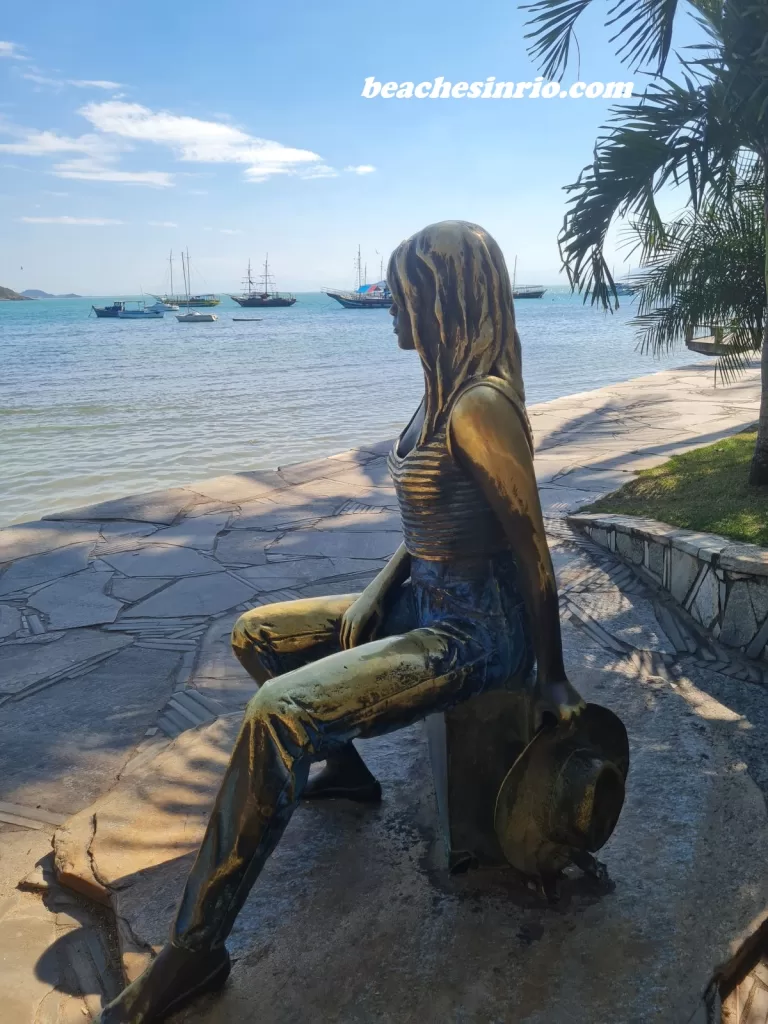 Statue of French actress Brigitte Bardot on Orla Bardot in Buzios, Brazil, a romantic coastal setting honoring her role in making the town one of the main tourist destinations in Brazil.